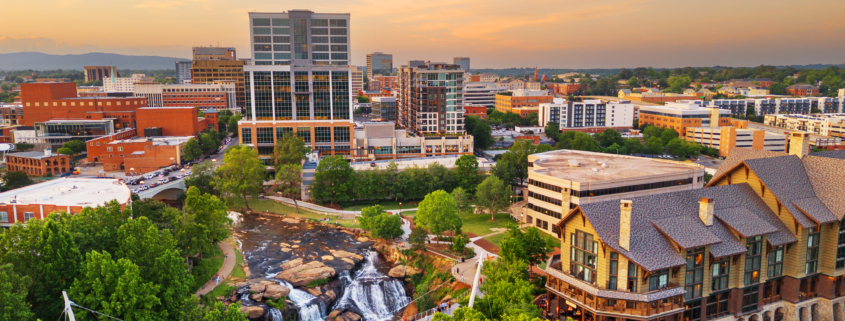 Greenville, South Carolina at Falls Park on Reedy Creek at dusk.