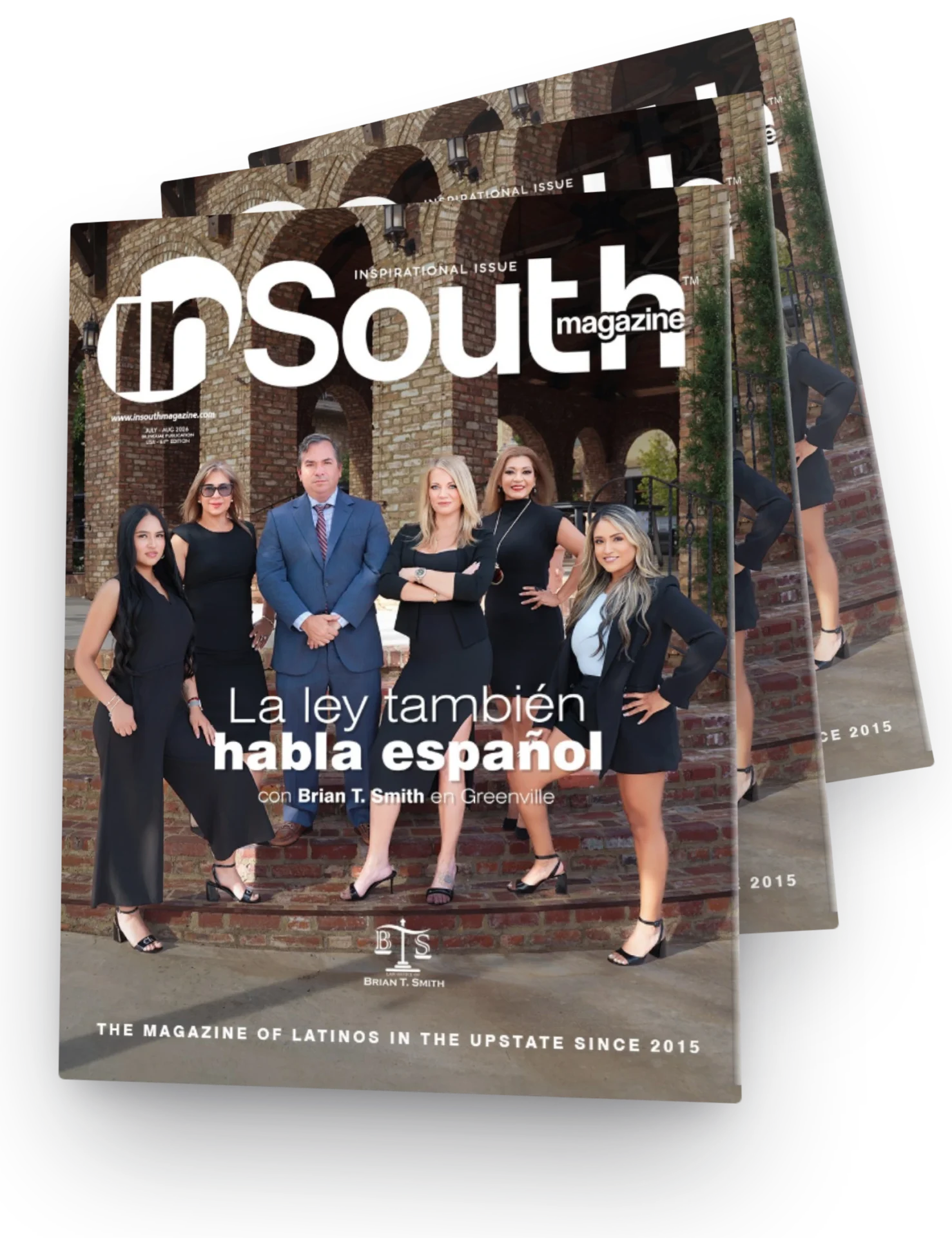 inSouth Magazine — Edición Julio/Agosto 2026 · Brian T. Smith Portada de inSouth Magazine, edición julio–agosto 2026, con el Law Office of Brian T. Smith en Greenville.